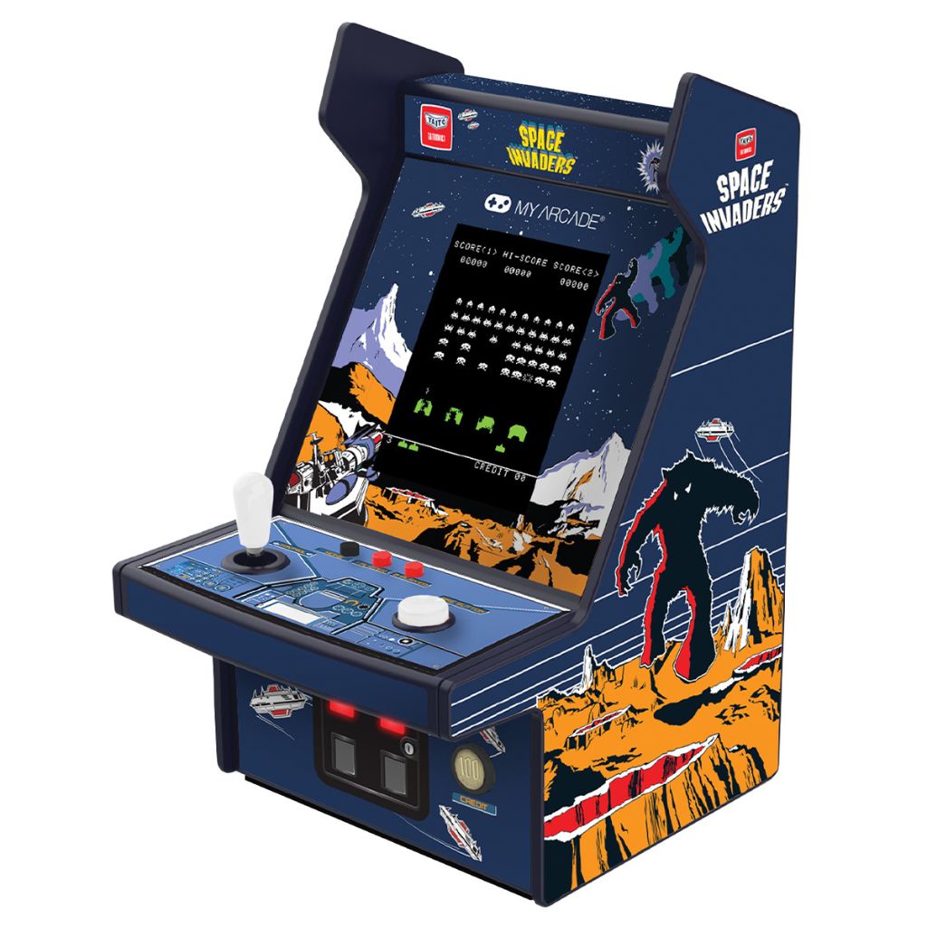 Miniature arcade machine with 'Space Invaders' design on a white background