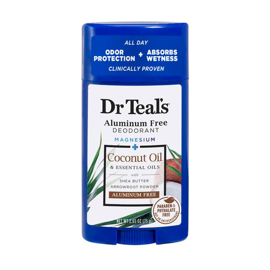 Dr. Teal's aluminum-free deodorant stick with coconut oil and essential oils on a white background