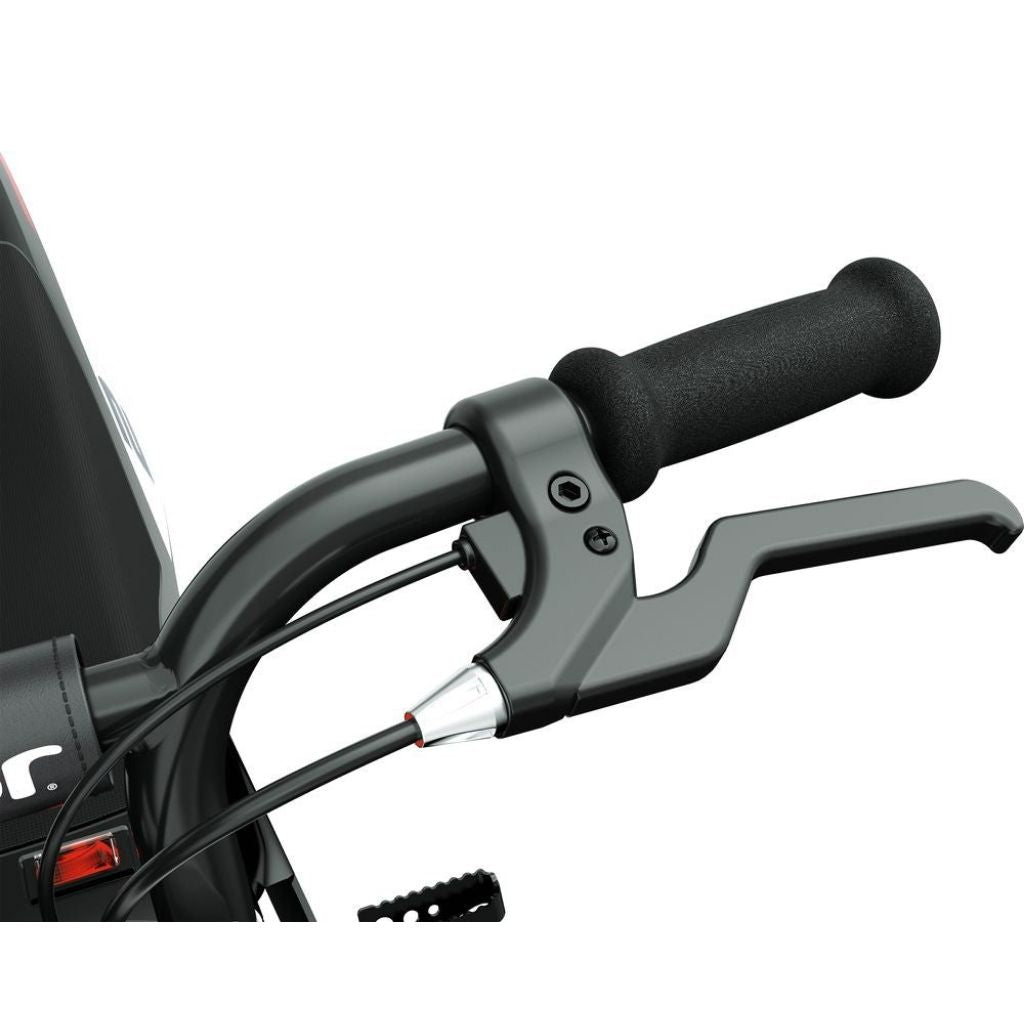 Close-up of motorcycle handlebar with black grips and control levers on a white background