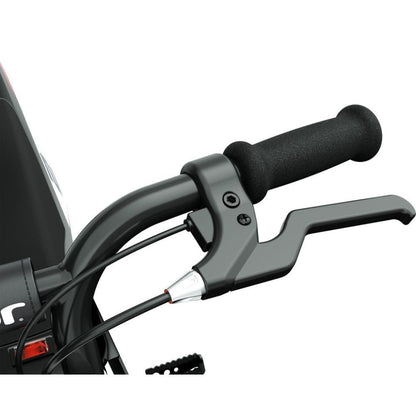 Close-up of motorcycle handlebar with black grips and control levers on a white background