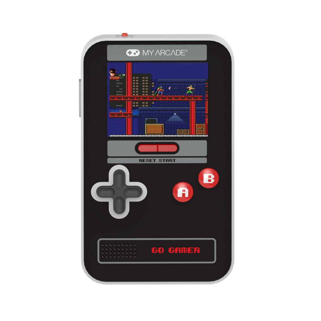Handheld gaming console with vintage design on a white background