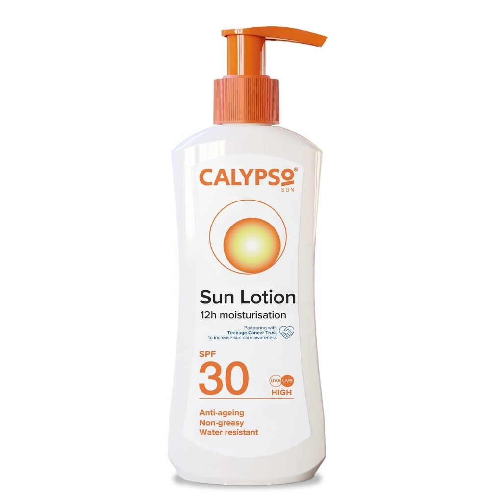 Calypso Sun Lotion bottle with pump on a white background