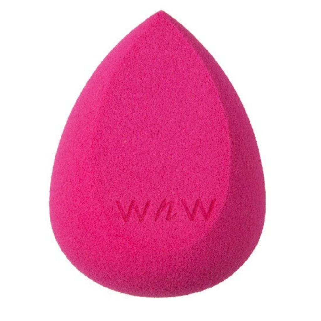 Pink makeup sponge with 'WW' branding on a white background
