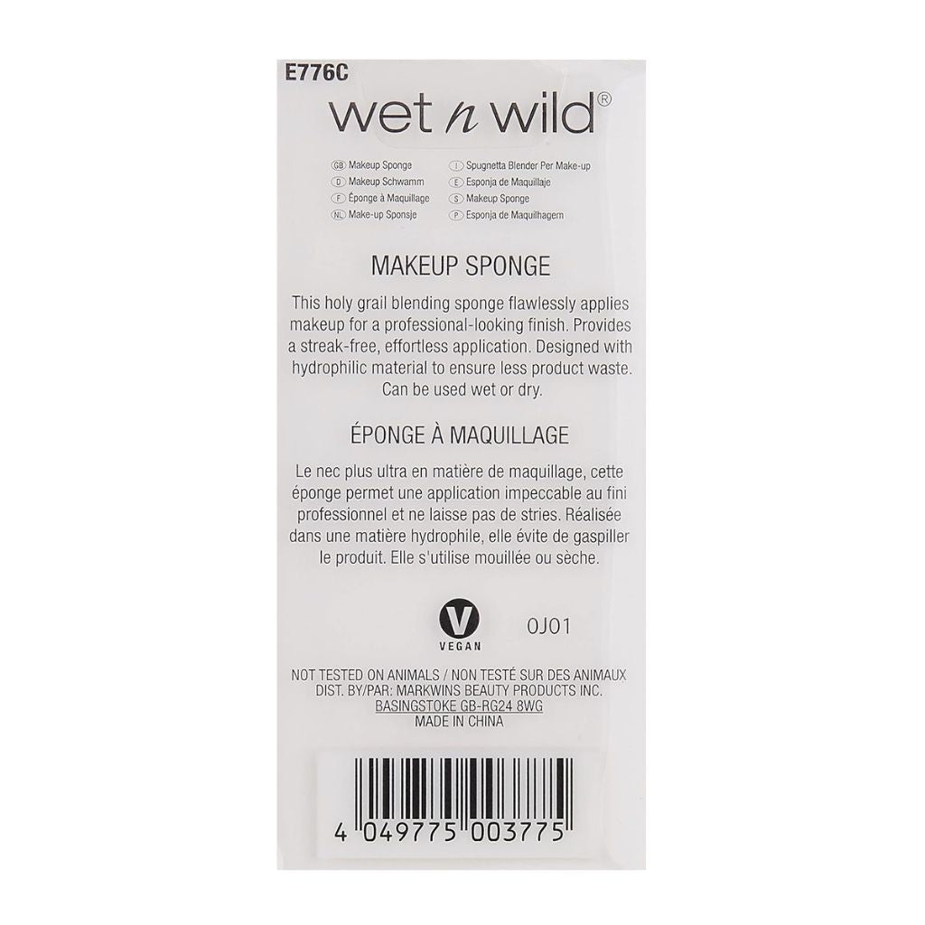 Wet n Wild makeup sponge packaging with text and barcode on a white background