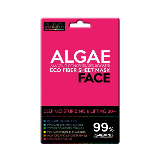 Pink package of an algae face mask with text on a white background