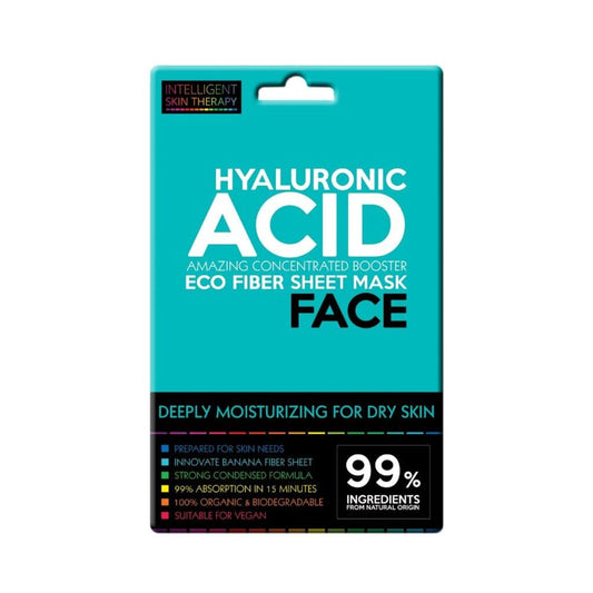 Packaging of a hyaluronic acid face sheet mask with teal background and black text.