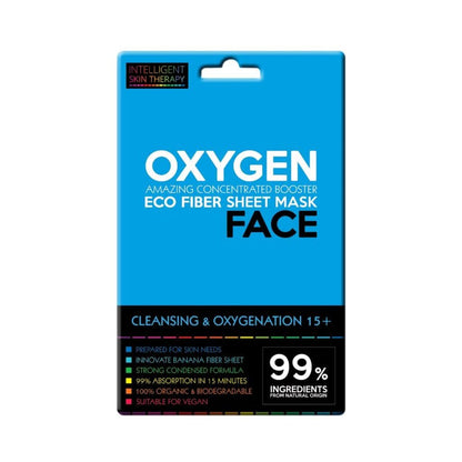 Oxygen face sheet mask packaging with blue and black design on a white background