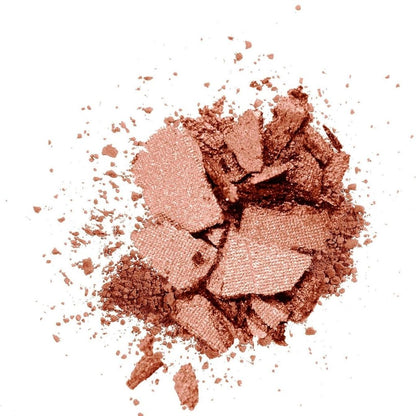 Shattered makeup compact with pinkish-brown powder on a white background