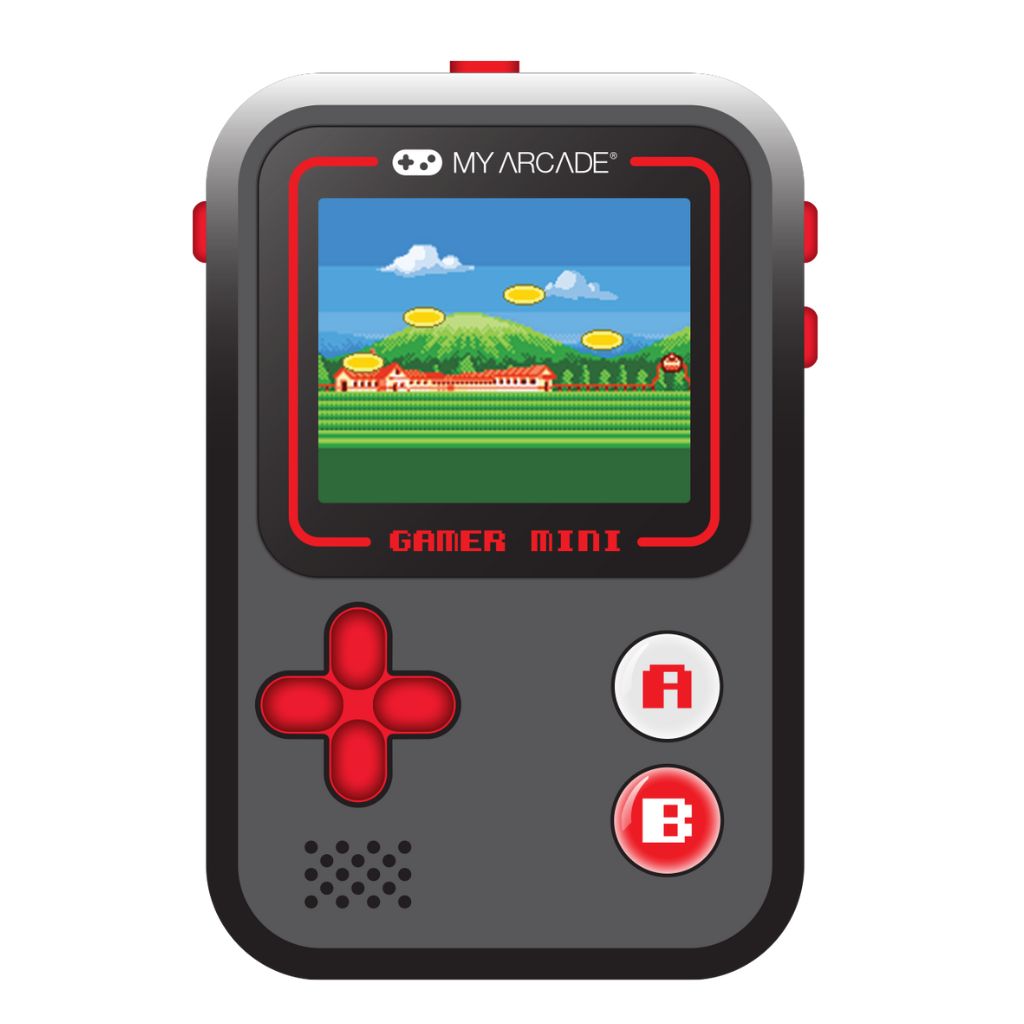 Handheld gaming console with screen displaying a colorful game, branded 'My Arcade'.