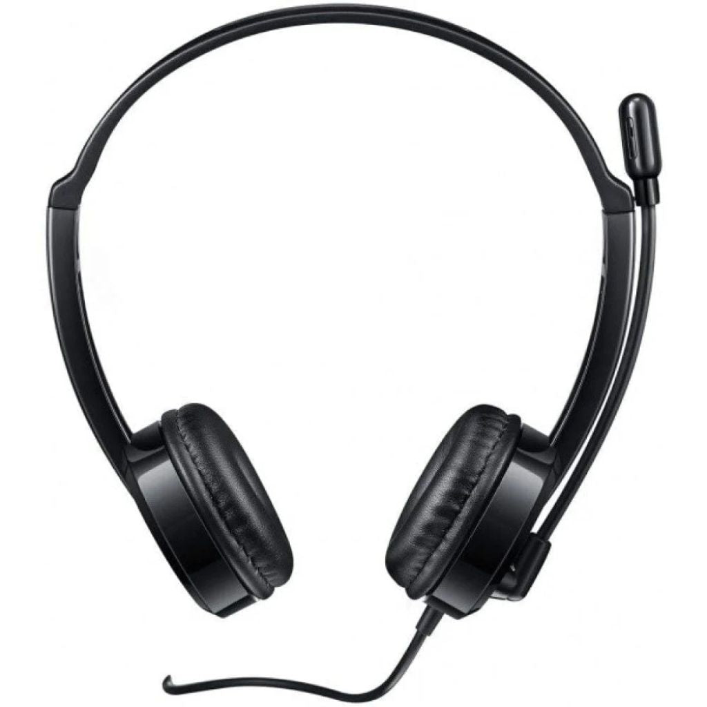 Black headset with microphone on a white background