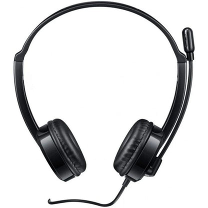 Black headset with microphone on a white background