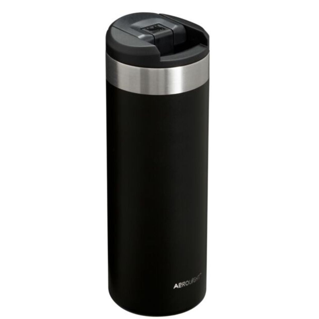 Black thermos with silver rim and Aerolite branding on a white background