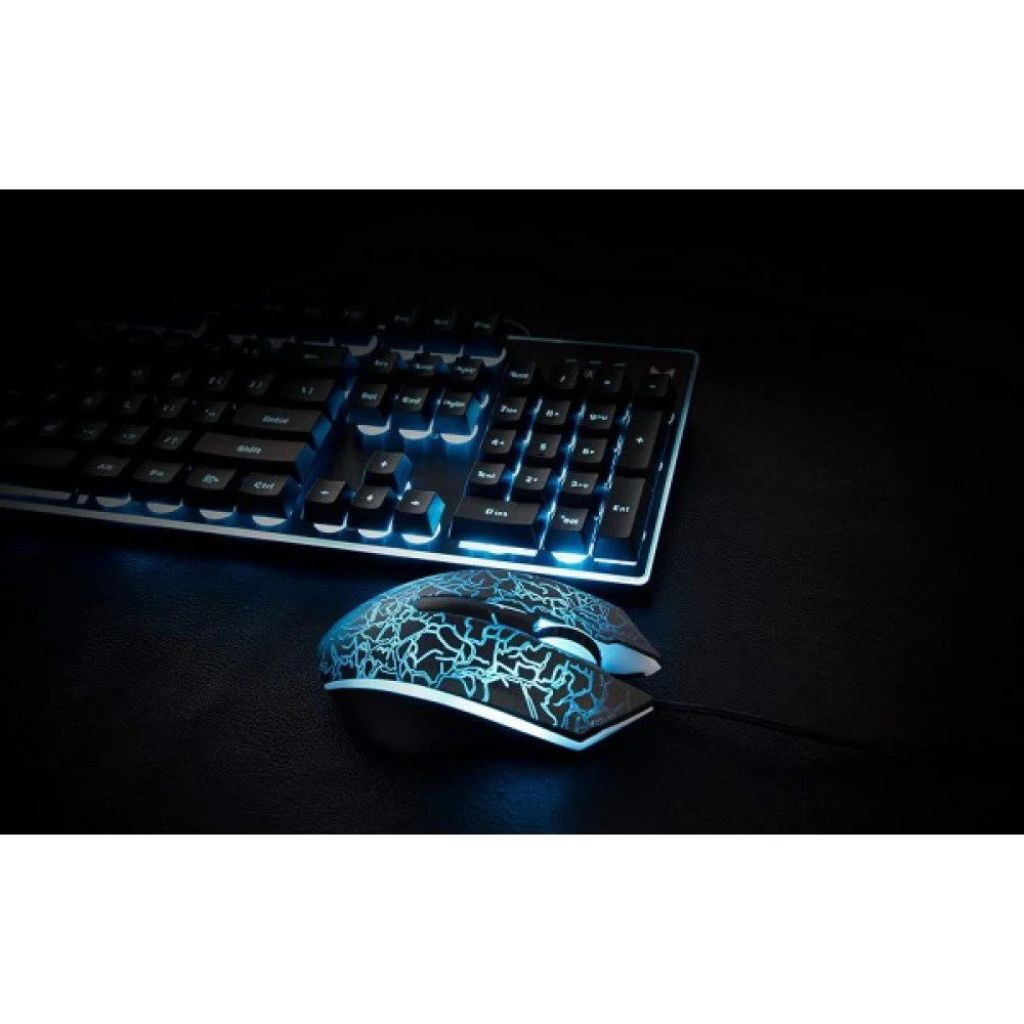 Gaming keyboard and mouse set with blue backlighting on a dark surface