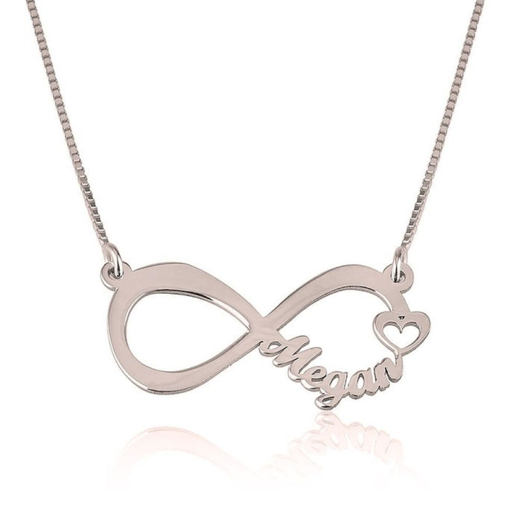 Silver infinity necklace with 'Alegria' engraved on a white background