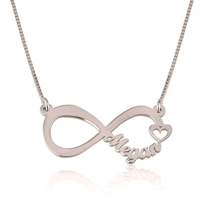 Silver infinity necklace with 'Alegria' engraved on a white background