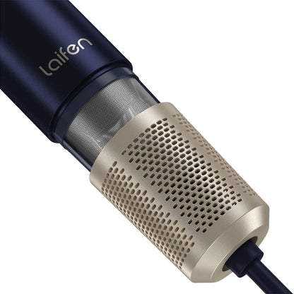 Close-up of a microphone with 'Laifen' branding on a white background