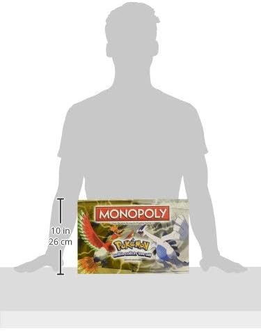 Monopoly game box with Pokémon design, shown next to a silhouette of a person for scale.