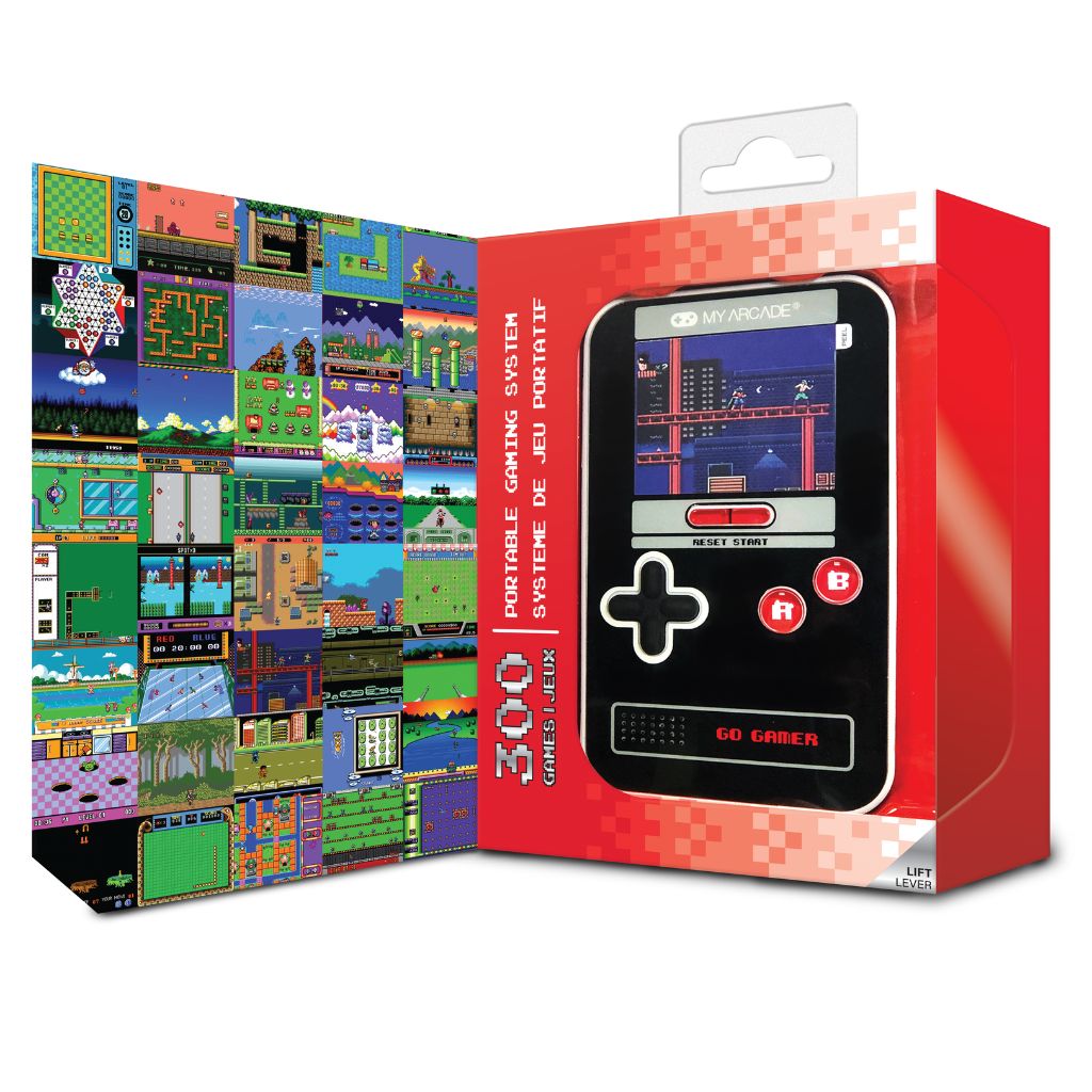Red handheld gaming system packaging with pixelated game screens on a white background