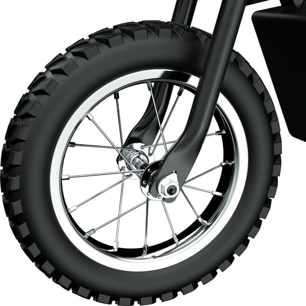Close-up of a motorcycle wheel with a white background