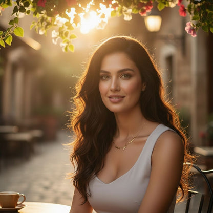 Woman sitting outdoors with a cup of coffee, sunlit background