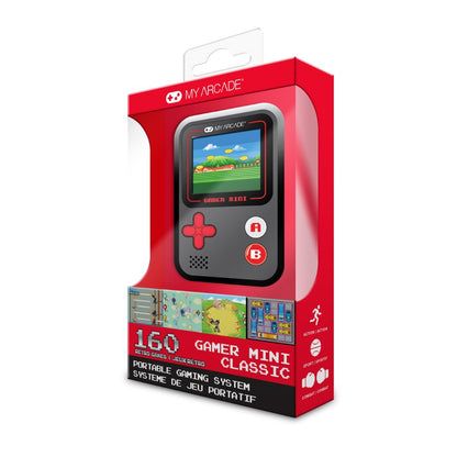 Red packaging of a portable gaming system with screen display on a white background
