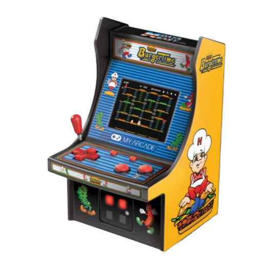 Miniature arcade machine with 'BurgerTime' game on a white background