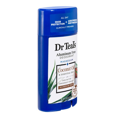 Dr. Teal's Aluminum Free Deodorant stick with blue cap and white label on a white background