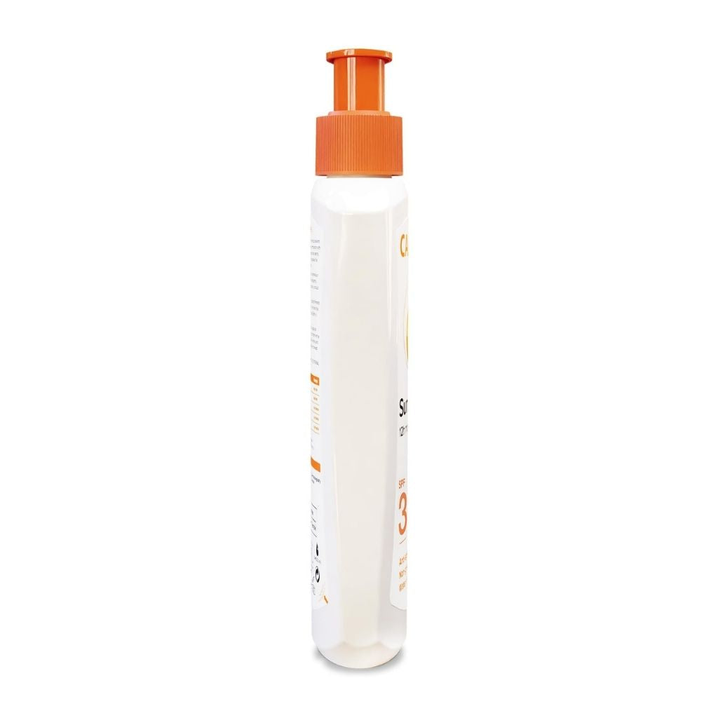 White spray bottle with an orange nozzle on a white background