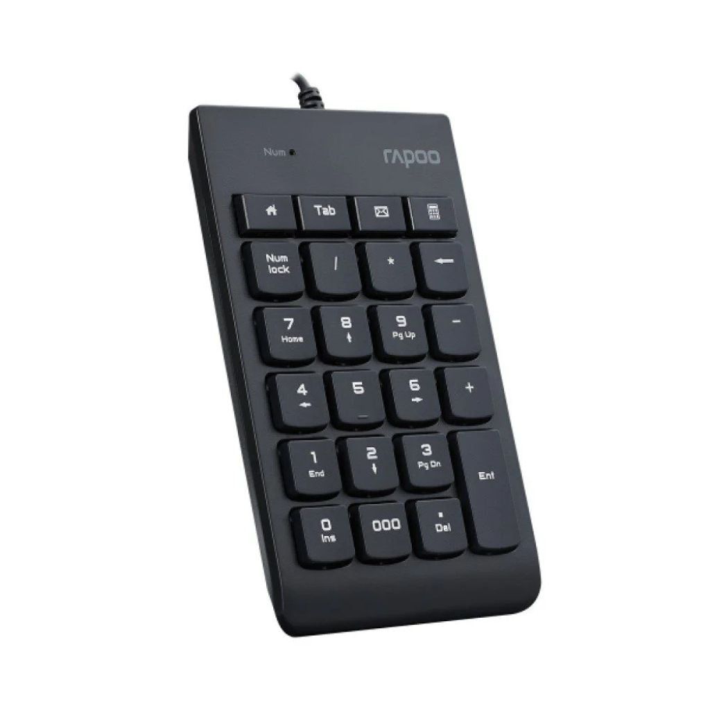 Black Rapoo number pad on a white background