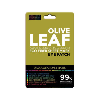 Olive Leaf eye patch packaging with green and black design on a white background