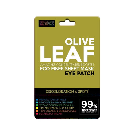Olive Leaf eye patch packaging with green and black design on a white background