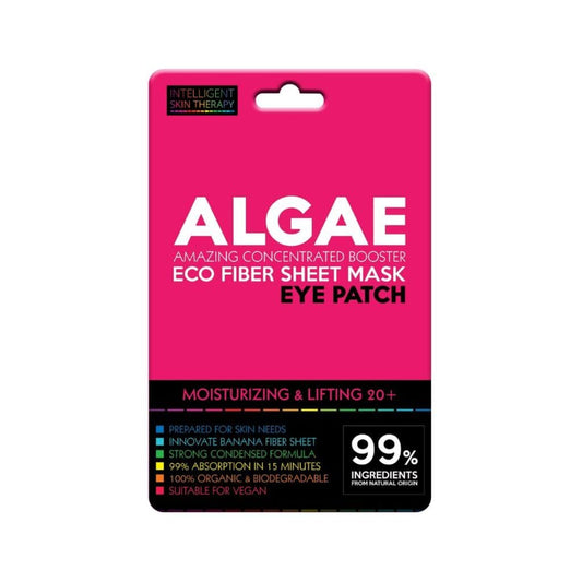 Pink packaging of algae eye patch with text on a white background