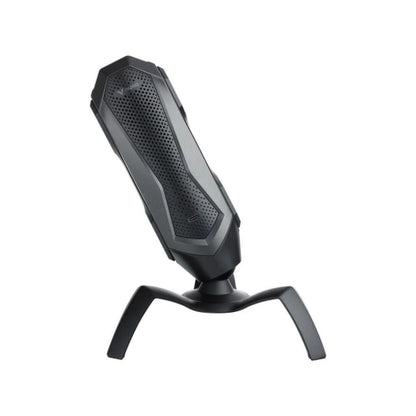 Black and gray microphone on a white background