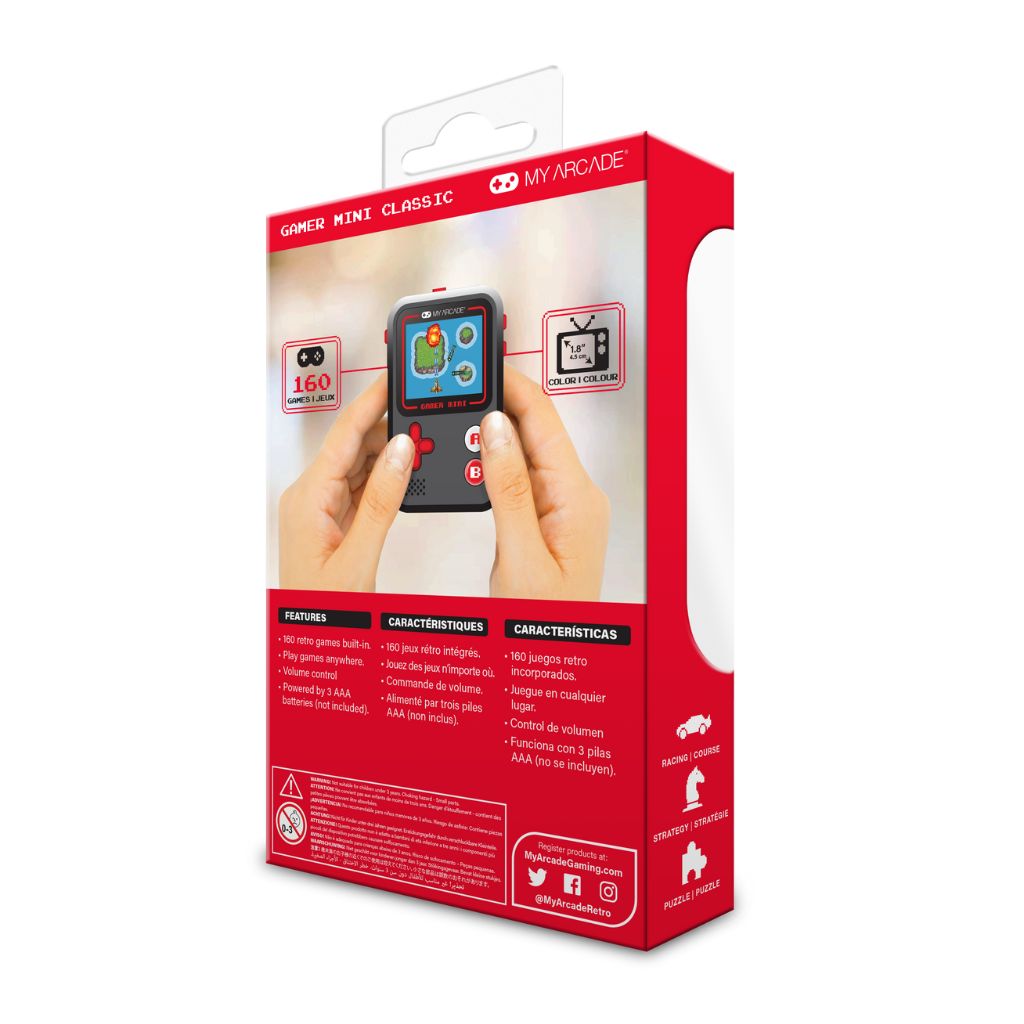 Gamer Mini Classic handheld gaming device packaging with red border
