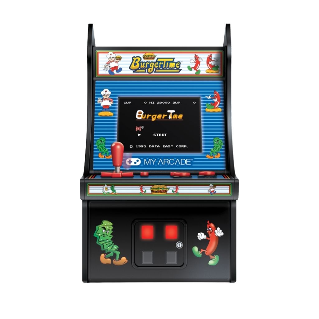 Miniature arcade machine with 'Burger Time' game on a white background