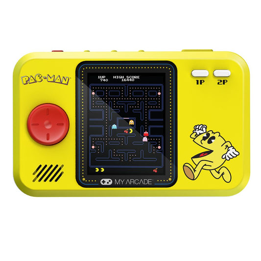 Yellow handheld game console with Pac-Man graphics on a white background
