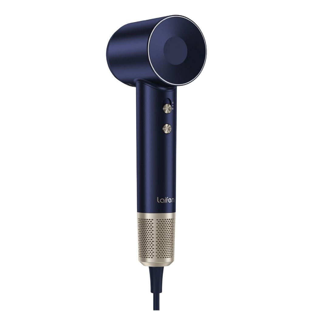 Blue hair dryer with gold accents on a white background
