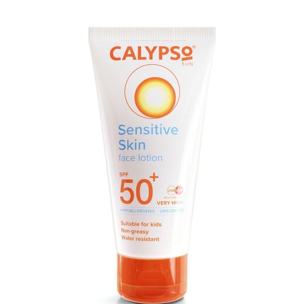 Calypso Sensitive Skin face lotion SPF 50+ on a white background