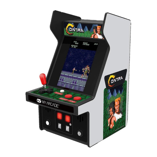 Miniature arcade game console with 'Contra' on the screen, featuring a classic design.