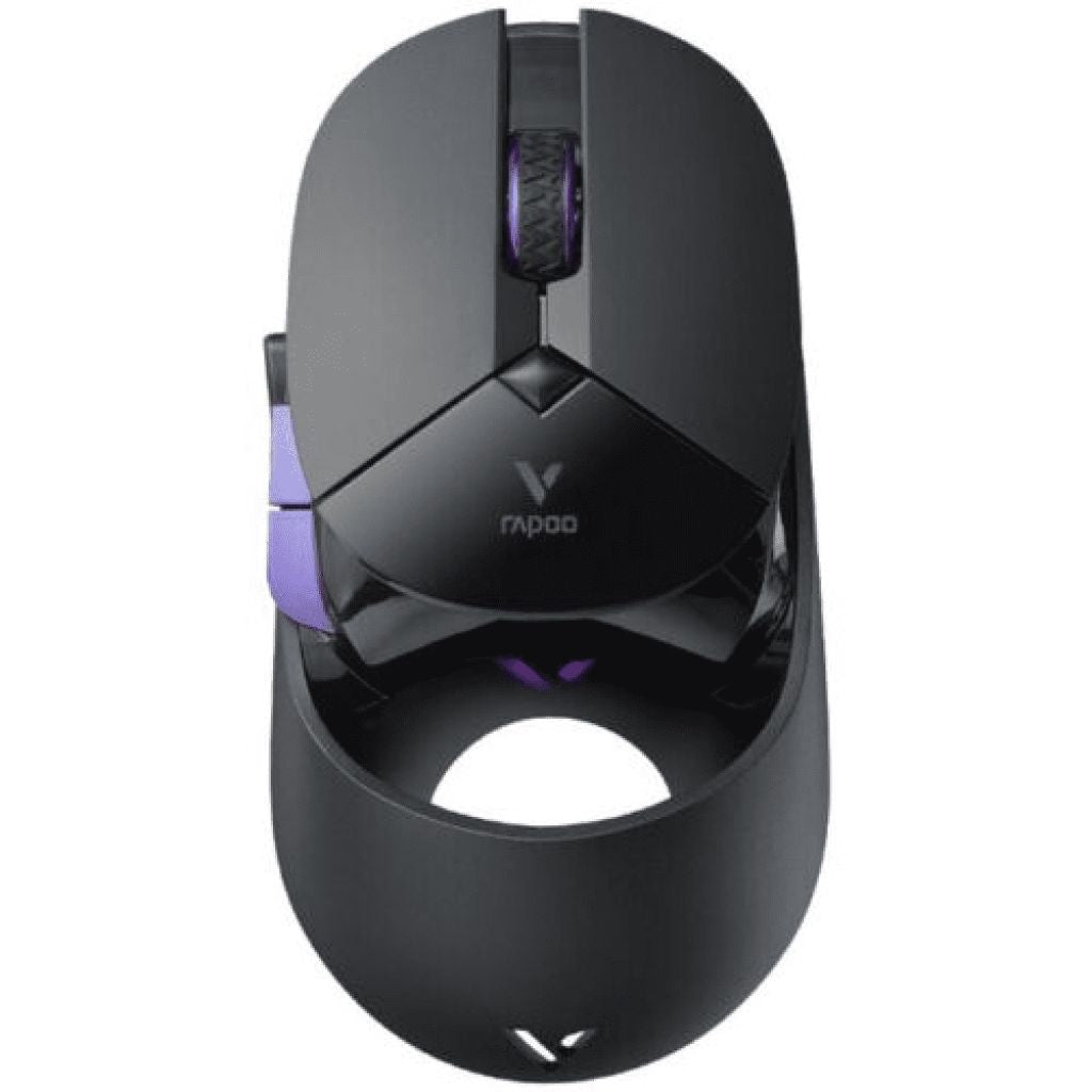 Black gaming mouse with purple accents on a white background