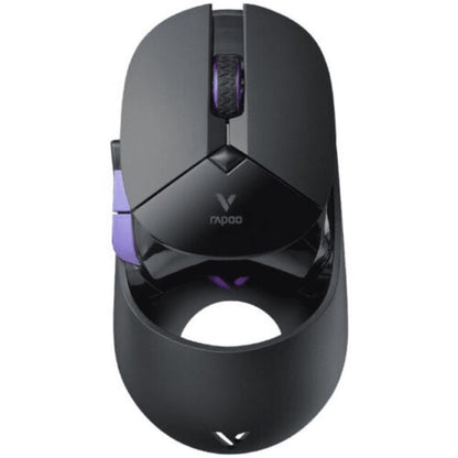 Black gaming mouse with purple accents on a white background