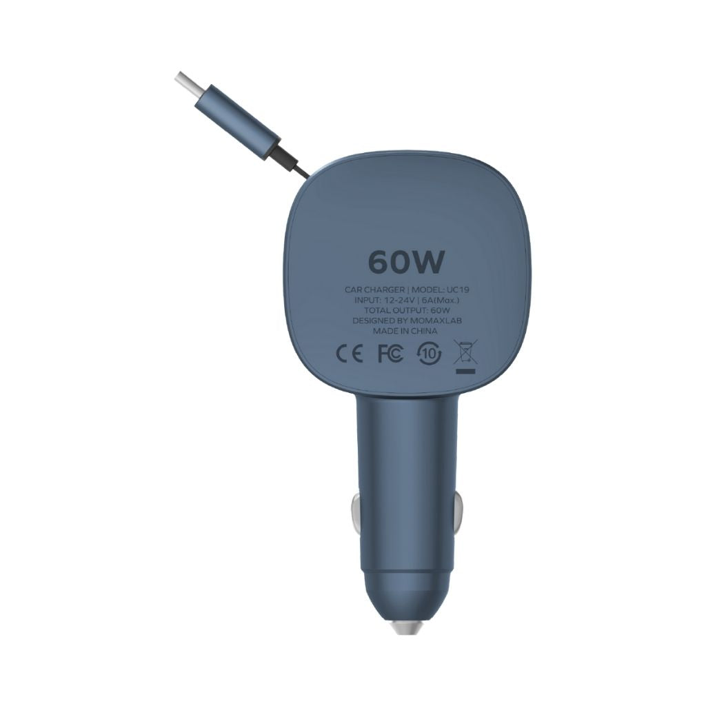 Momax 1-Move+ 60W 2-Port Car Charger With Built-In Retractable Cable