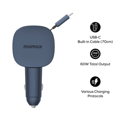 Momax 1-Move+ 60W 2-Port Car Charger With Built-In Retractable Cable