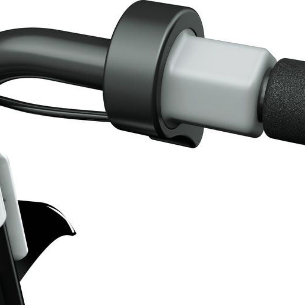 Close-up of motorcycle handlebar with black and gray grips on a white background
