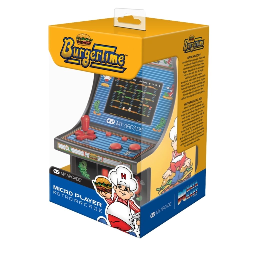 Boxed miniature arcade machine with 'BurgerTime' branding on a white background