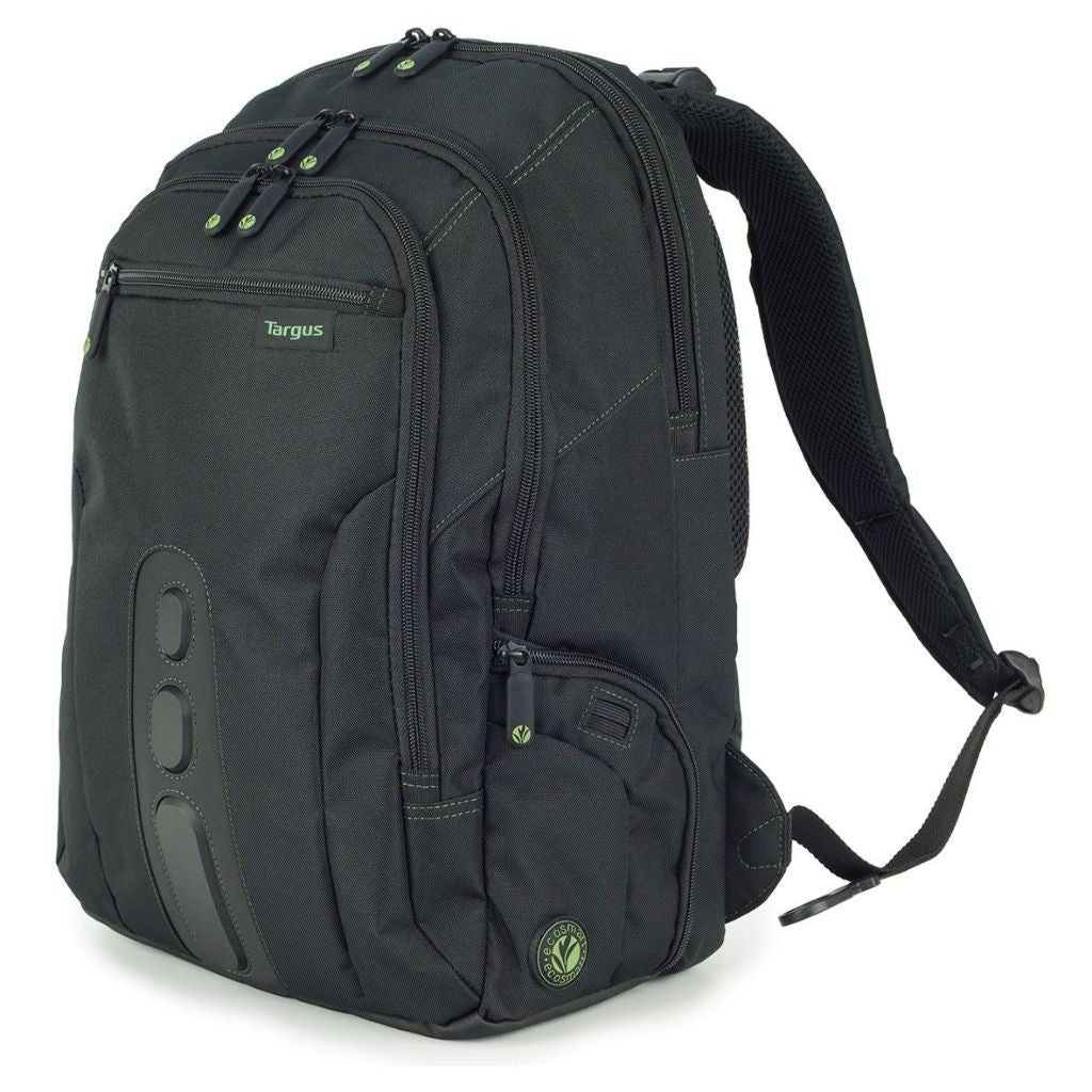 Black backpack with green accents on a white background