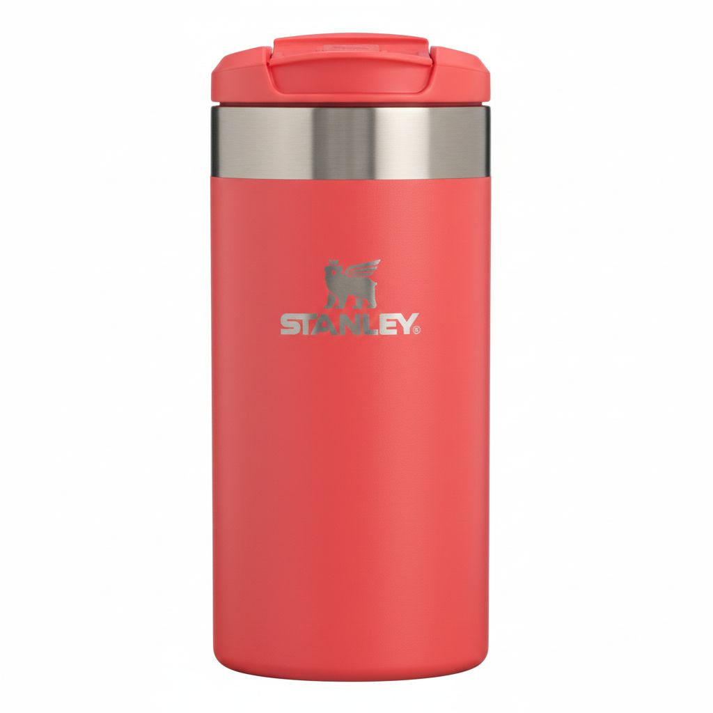 Red Stanley insulated mug with a silver lid on a white background
