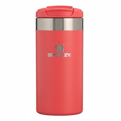 Red Stanley insulated mug with a silver lid on a white background