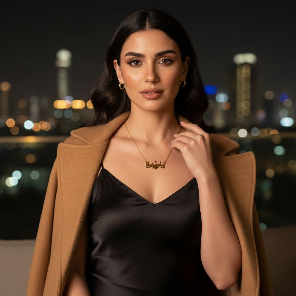 Woman in a black dress and tan coat with a cityscape background