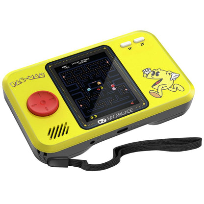 Yellow handheld game console with screen displaying a classic game, on a white background